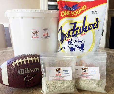 chip bag, bucket, football, and dip mix